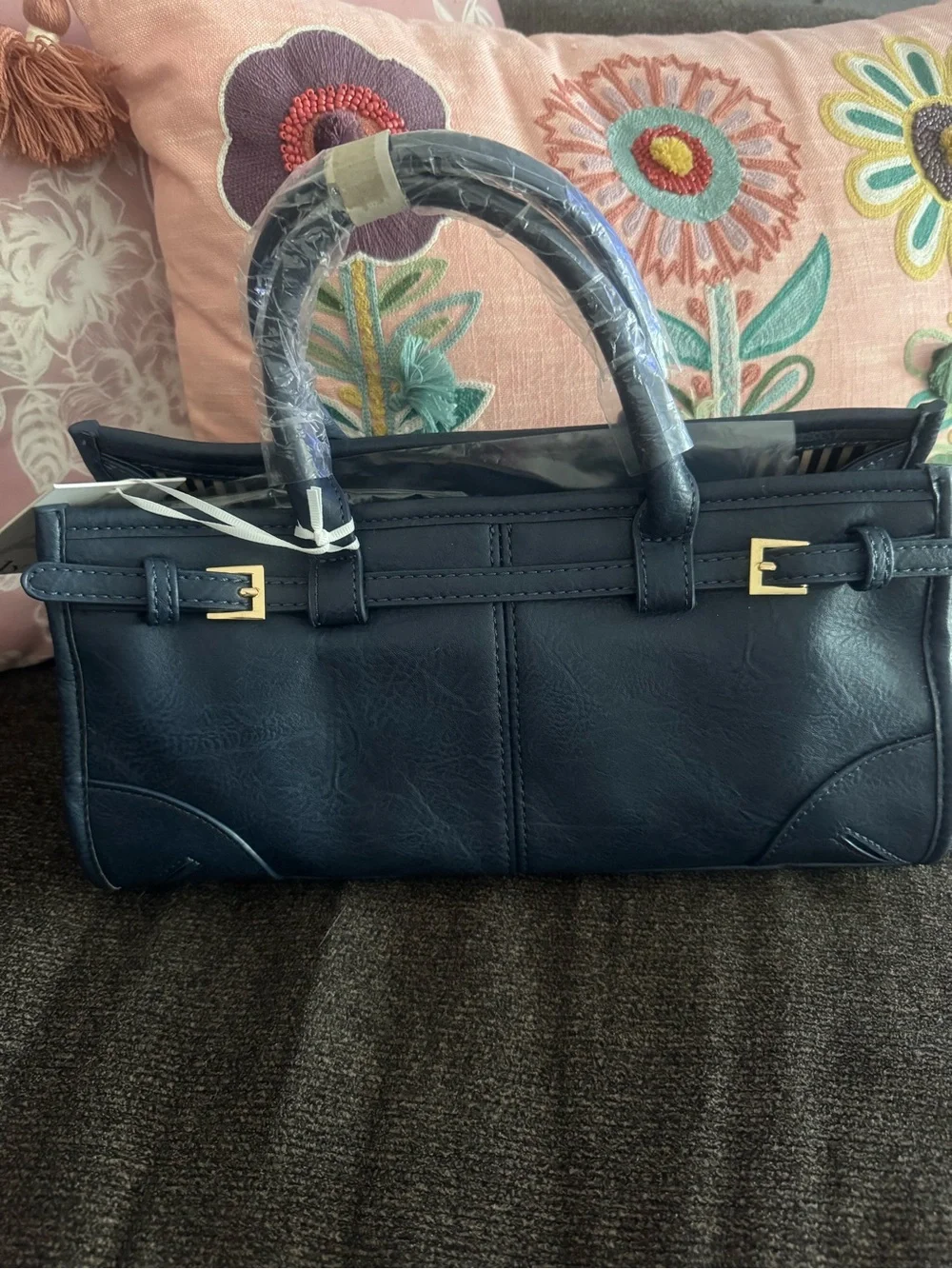 Classic Navy Leather Tote Bag with Gold Buckles rectangular
